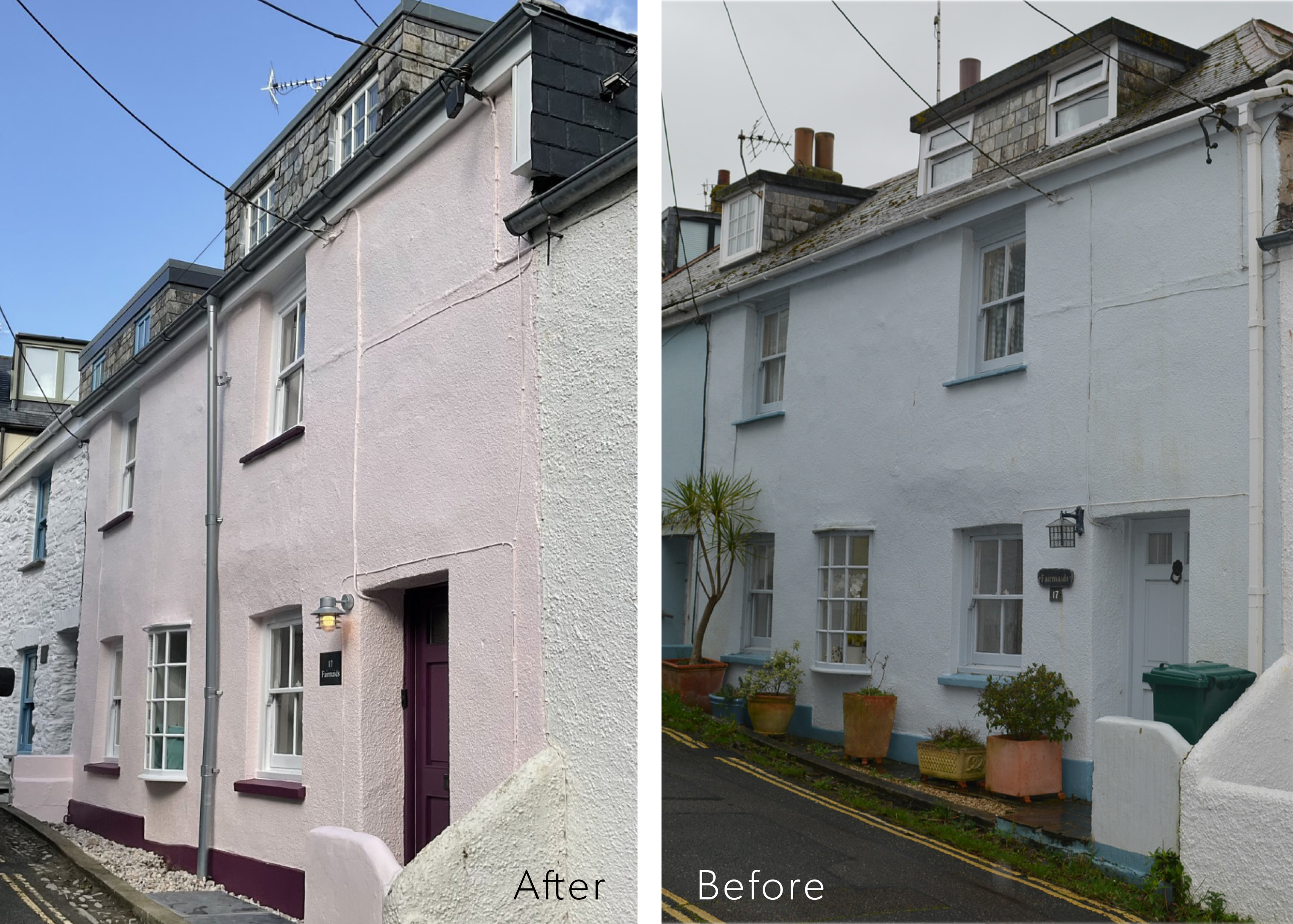 Before and After photographs showing the changes to the dormer window at the front.